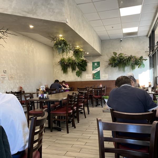 Diners seated at tables in the Green Lotus Restaurant, with hanging plants and a bright interior.
